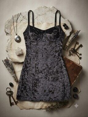 Vintage SoftWear Black Crushed Velvet Spaghetti Strap Mini Dress